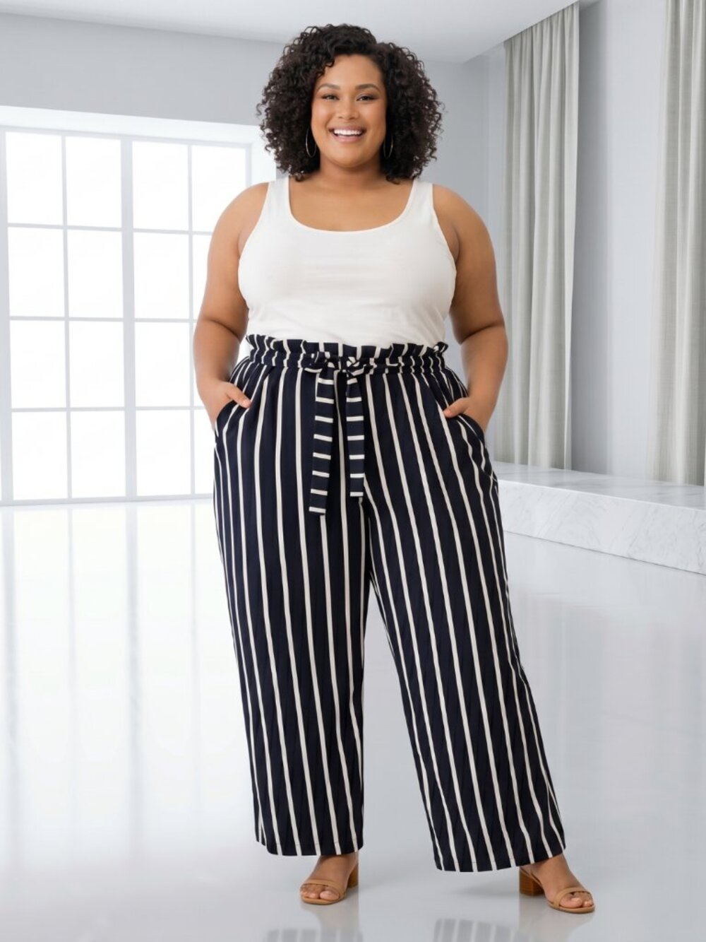 H&M Navy Blue White Striped Paperbag Waist Wide Leg Pants Plus Size 22